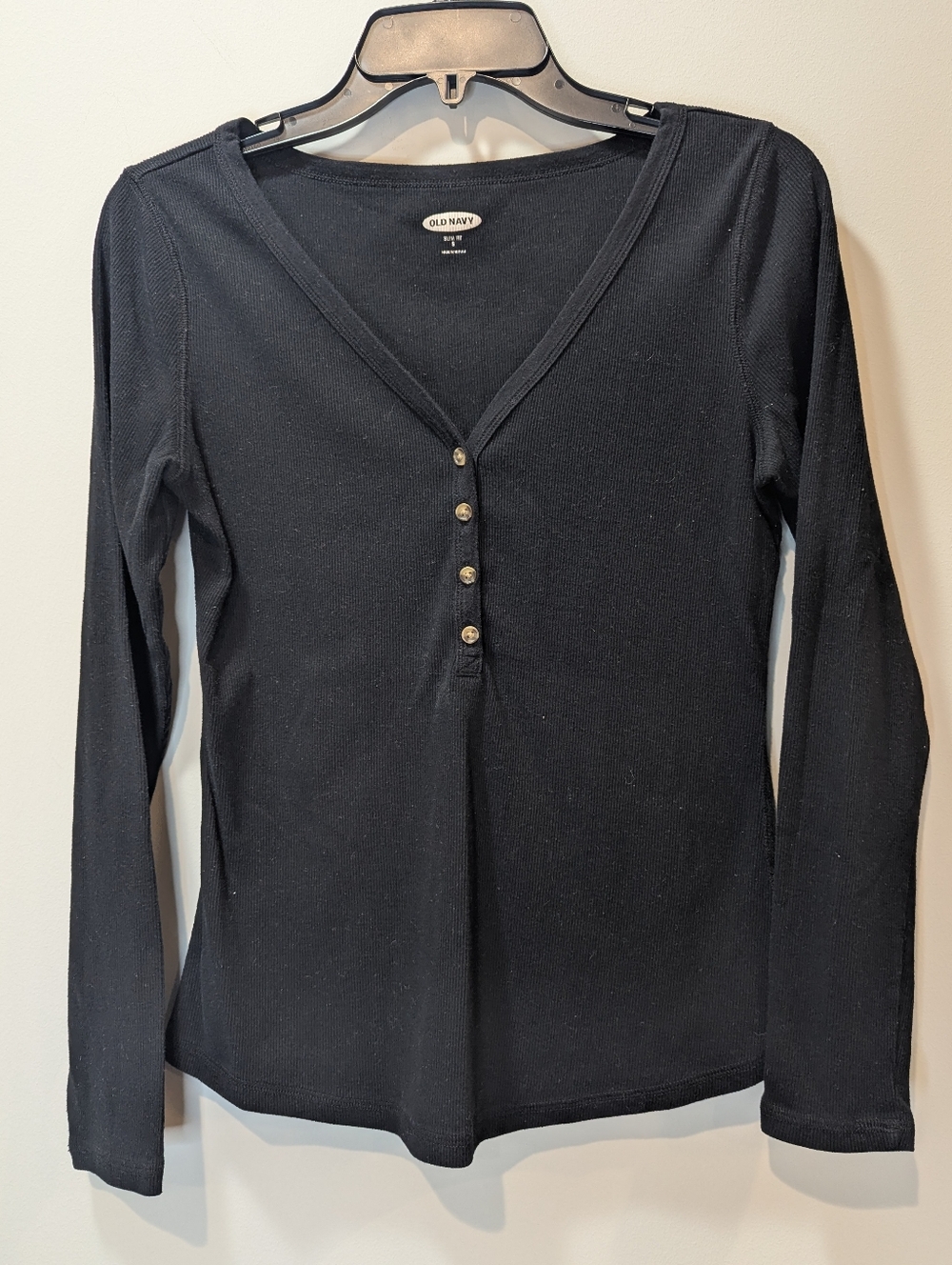 Old Navy Black Long Sleeve Henley Slim Fit Cotton Blend Deep V Neck Size S